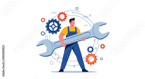 Professional mechanic in overalls holding a giant wrench with colorful gear wheels in the background representing technical repair service.