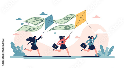 Three businesswomen running and flying money patterned kites in the wind representing financial freedom and successful wealth management.