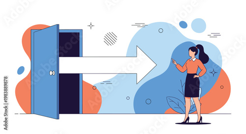 Professional woman looking at a large white arrow path emerging from an open door representing new career opportunities and transition.