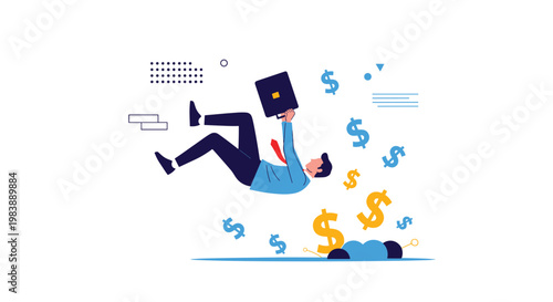 Businessman in a suit falling through the air with falling dollar signs around him representing financial crisis and market failure.