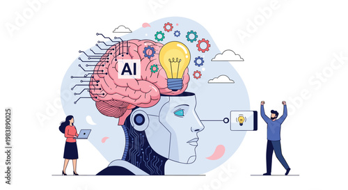Giant robot head with a human brain and AI circuits reflecting the intersection of human creativity and artificial intelligence technology.