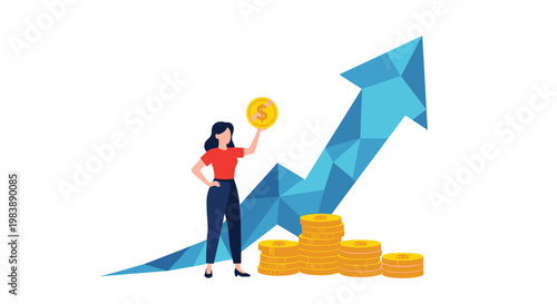 Successful businesswoman holding a gold coin next to a rising financial graph and stacks of money representing wealth and growth.