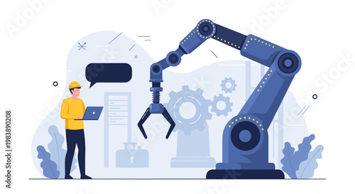 Industrial engineer using a laptop to program and control a large blue robotic arm for automation in a modern manufacturing plant.