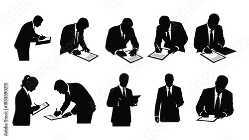 A collection of silhouettes depicting business people signing documents or taking notes high quality professional detailed
