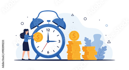 Businesswoman putting a gold coin into a large alarm clock representing time management and the financial value of time in business.