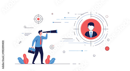 Businessman with a telescope searching for the right candidate shown within a target representing recruitment and human resources.