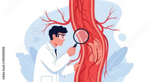 Medical doctor using a magnifying glass to carefully inspect a large anatomical model of a blood vessel for health research and diagnosis.