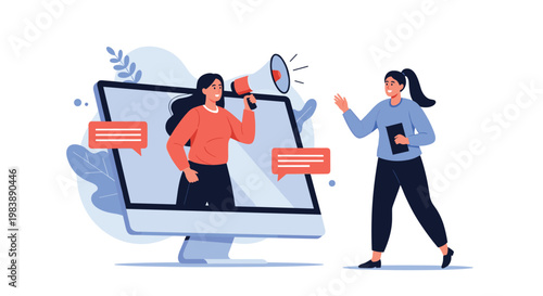 Female professional on a computer screen using a megaphone to communicate an announcement to a colleague representing digital marketing.