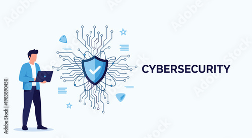 Cybersecurity expert using a laptop next to a large shield icon with electronic circuits symbolizing data protection and network safety.
