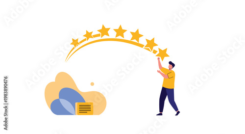 Ambitious businessman reaching for a final golden star along a curved path representing the ultimate achievement of high quality goals.
