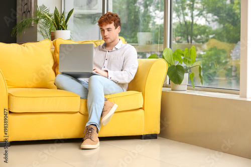 Male freelancer working with laptop on sofa at home