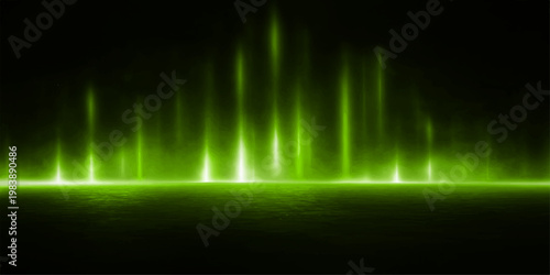 An abstract digital wallpaper featuring bright green glowing waves and dynamic light lines in a dark vector design that resembles a vibrant sound equalizer backdrop