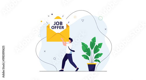 Happy businessman carrying a giant yellow envelope with a job offer letter inside representing successful career recruitment and hiring process.