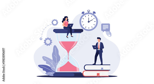 Man and woman working with computers around a giant hourglass and clock representing time management and meeting project deadlines in office.