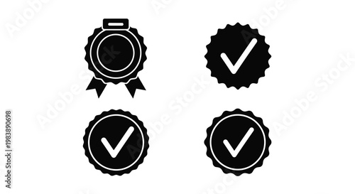 Four black badge icons with checkmarks detailed silhouette