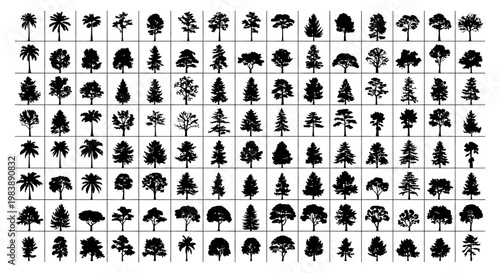 collection of diverse tree silhouettes including palm pine and deciduous varieties