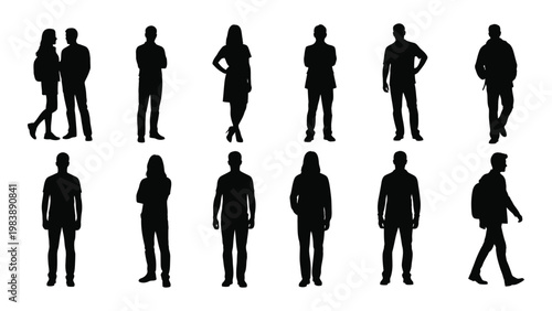 A collection of twelve black silhouettes depicting diverse people in various standing and walking poses