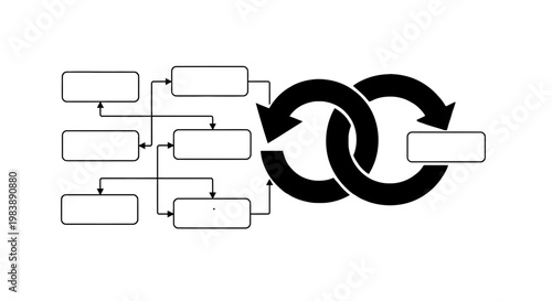 business process flow diagram with continuous loop and interconnected empty boxes illustrating iterative workflow and project management concepts.