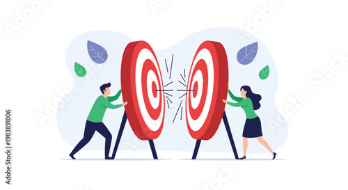 Man and woman pushing two large red targets together until their bullseyes meet representing shared goals and successful business collaboration.