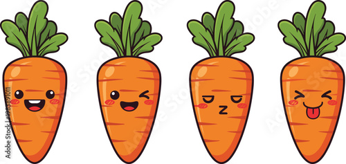 Cute cartoon carrot characters with funny facial expressions set, kawaii vegetable illustration isolated on white background design