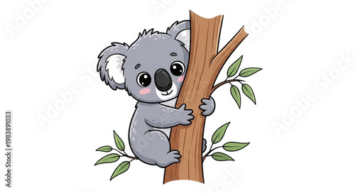 Cute cartoon koala clinging to a tree branch with green leaves.