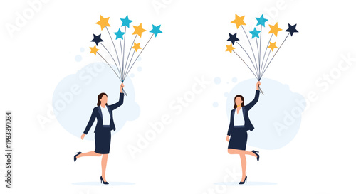 Two identical businesswomen in suits holding bunches of colorful star shaped balloons illustrating celebration and professional achievements.