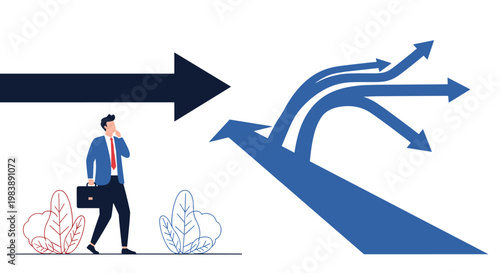Businessman with a briefcase looking at a path that splits into multiple blue arrows representing career choices and decision making process.