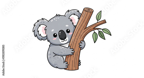 Cute cartoon koala clinging to a tree branch with green leaves.