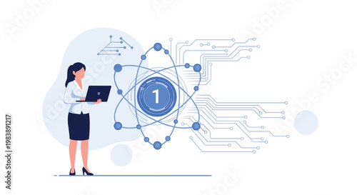 Professional woman with a laptop standing next to a large atom symbol and circuit board patterns representing science and quantum computing.