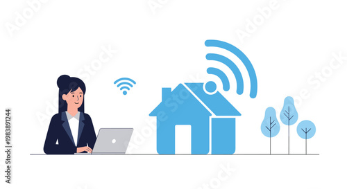 Woman in a business suit working on a laptop next to a blue house icon with a large wifi signal illustrating remote work and smart home.