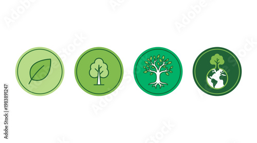 Four green circular icons representing nature, environment, and sustainability, featuring leaves, trees, and a globe.