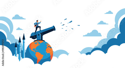 Businessman standing on a large globe while firing paper airplanes from a cannon representing global communication and rapid idea sharing.