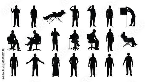 A collection of black silhouettes depicting various human poses and activities including standing sitting and reclining
