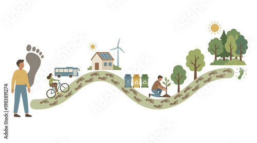 An illustration depicting the journey of reducing carbon footprint through sustainable living and eco-friendly actions.