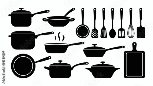 Kitchen Utensils Silhouette Vector Set Cookware Pots and Cooking Tools Collection
