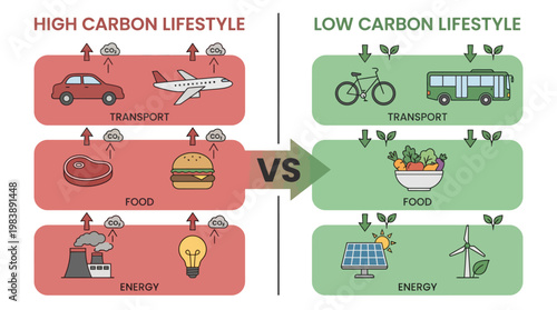 Infographic comparing high carbon lifestyle choices with low carbon alternatives across transport, food, and energy sectors, illustrating environmental impact.