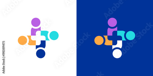 Dual meaning logo combining people and medical elements, symbolizing healthcare support, compassion, trust, community well-being, and patient-centered care in modern health services.