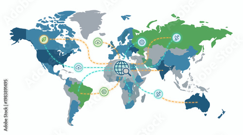 World map illustrating global connections, research, technology, and environmental links across continents.