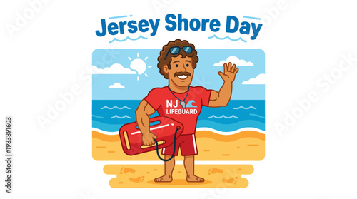 Celebrate Jersey Shore Day with a Friendly Lifeguard Waving from the Beach Amidst Waves and Sunshine