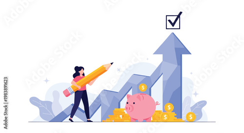 Businesswoman drawing a rising arrow on a financial chart with a pink piggy bank and coins for wealth accumulation and money savings.