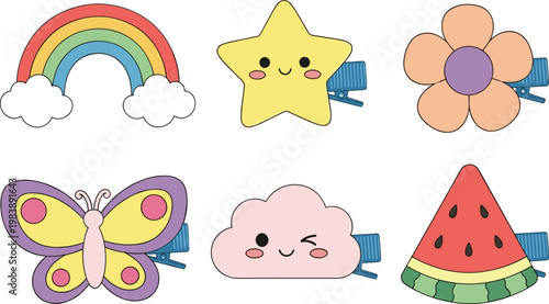 Cute cartoon hair clip set with rainbow, star, flower, butterfly, cloud and watermelon, colorful kawaii accessories illustration for kids design