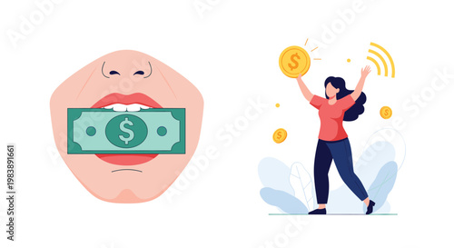Concept of money talk and financial success featuring a mouth biting a dollar bill and a woman celebrating with floating gold coins.