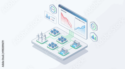 Isometric illustration of a smart energy grid system with solar panels, wind turbines, hydroelectric plants, and a central monitoring dashboard displaying data analytics.