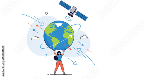 Woman holding up the earth globe with a satellite orbiting above to symbolize global connection, communication, and environmental care.