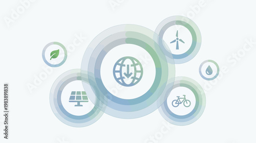 Abstract illustration of global environmental sustainability with interconnected icons representing green energy and eco-friendly concepts.
