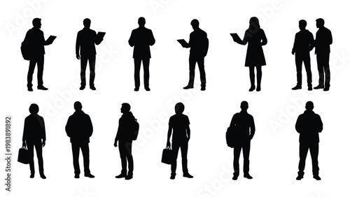 A collection of black silhouettes depicts a diverse group of people standing and walking high quality
