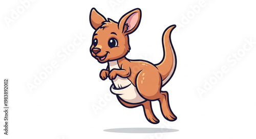 Cute cartoon kangaroo jumping with joey in pouch isolated on white background.