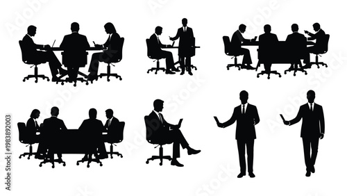 A collection of silhouettes depicting business meetings presentations and professional interactions in an office high quality