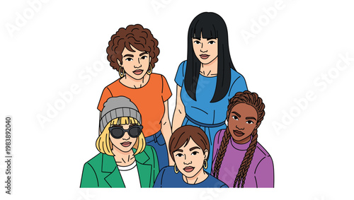 Diverse women group portrait, female friends characters, flat vector illustration