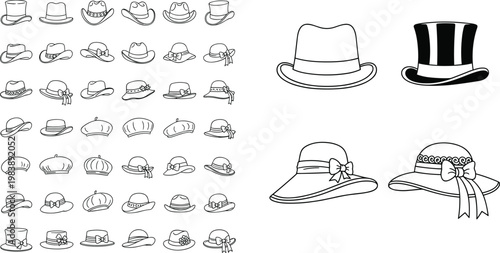Hats collection with various styles including fedora top hat and vintage headwear isolated on transparent background fashion vector illustration set